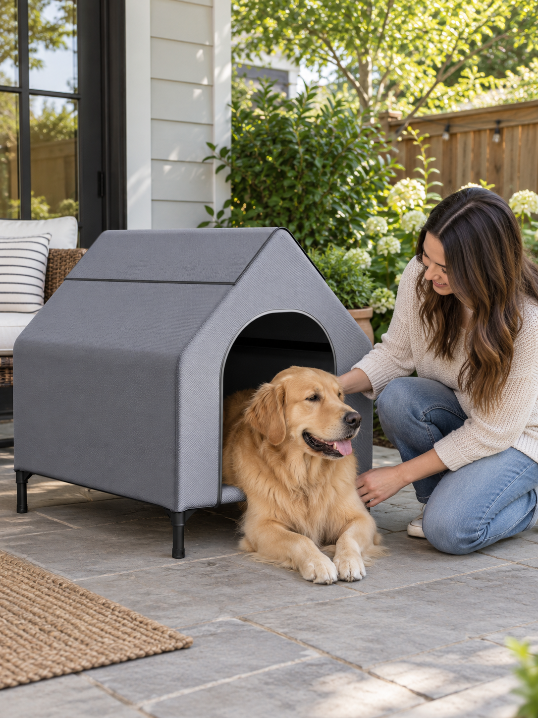 Elevated Dog House with Canopy in an everyday home setting
